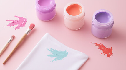 A flat lay showcasing a white t-shirt with paint splatters, paints, and a brush on a pink background. The image suggests DIY fashion or art