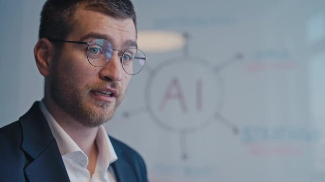 Young professional in a business setting presenting concepts related to artificial intelligence, captured with focus on communication and professionalism. Concept of AI-driven innovation