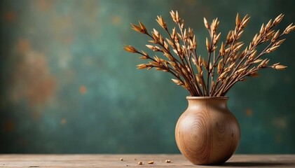 Bunched willow twigs in a rustic wooden vase against a natural backdrop, vase, twiggy