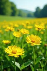Obraz premium Field of bright yellow Ranunculus acris in a lush green meadow, landscape, flowers