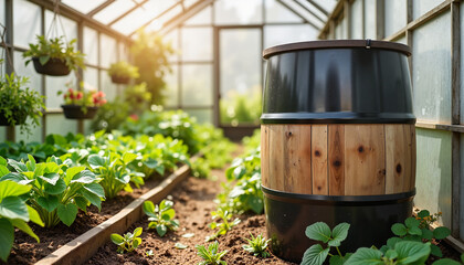 Lush greenhouse with sustainable water barrel, eco-friendly growth