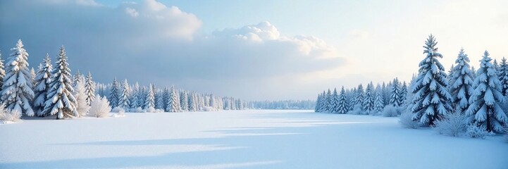 Fototapeta premium A vast expanse of snow-covered trees stretching into the horizon, taiga, snow, frozen lake