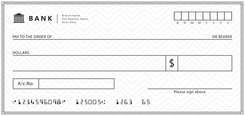 Empty money cheque. Bank check. check book template with pattern and blank fields. Currency payment coupon, US dollar check background.