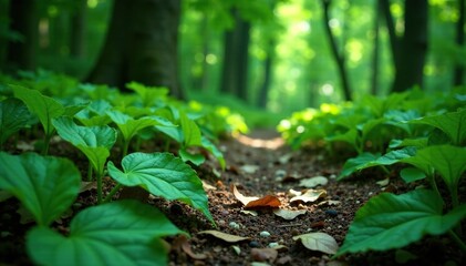 Delicate green leaves scattered on forest floor, forest, tropical, nature