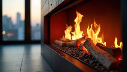 Modern fireplace with bright flames burning logs. Cozy interior scene. Warm light glowing from fire. Contemporary design features dark tones, sleek look. Fire source of warmth, ambiance in house.
