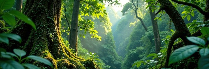 Obraz premium Epiphytes on tree trunks in rainforest canopy, lush, trees