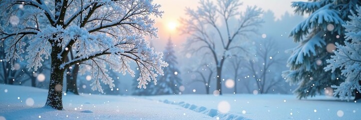 Frosty trees gently sway in the wind, their branches heavy with snowflakes, frozen nature, bokeh snowflakes, winter wonderland