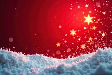 Festive holiday scene with a red background and twinkling stars shining through the snow, through, snow