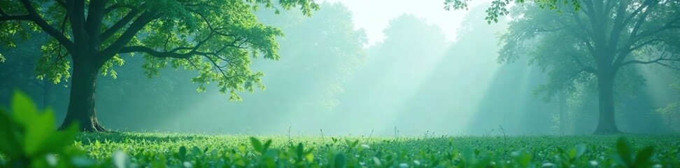 White mist over a tranquil forest with faded mint green foliage, soft focus, serene atmosphere