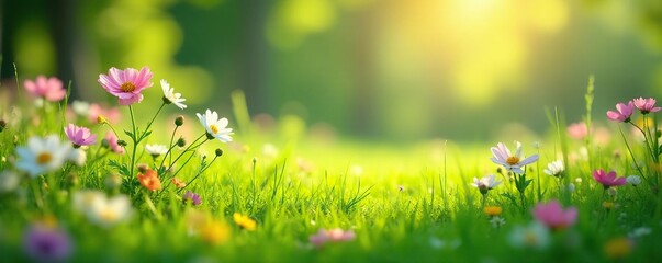 The scent of fresh cut grass fills the air amidst blooming flowers, , wildflowers © Temteen