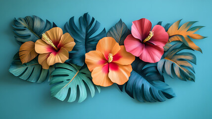 Obraz premium Lush Hibiscus and Monstera Leaves Create a Stunning Tropical Pattern