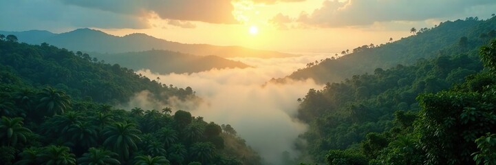Radiant sunlight illuminates the mist-shrouded landscape of a tropical rainforest, cloud, peaceful, atmosphere