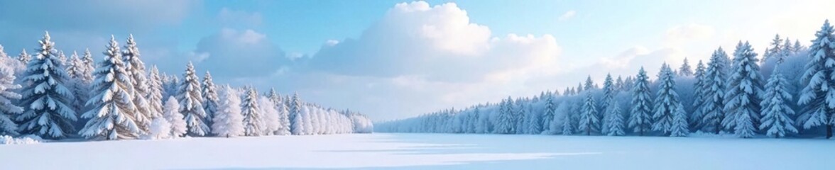 Obraz premium Snow-clad forest stretches towards the pale blue sky, frosty, wintry