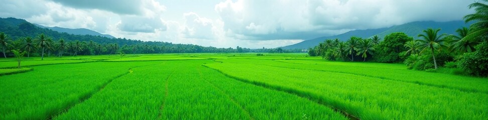 Obraz premium Emerald green rice paddies under overcast sky, nature, bali, tropical