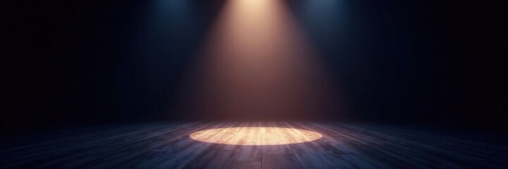 A single spotlight shines down on an empty stage, dimly lit, isolation