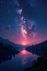 Naklejka premium Lunar light illuminates a reservoir at dusk as a Milky Way band appears in the sky, Milky Way, Horizon, Sunset