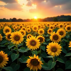 A sea of yellow sunflowers stretches across a golden field at sunset, yellow flowers,