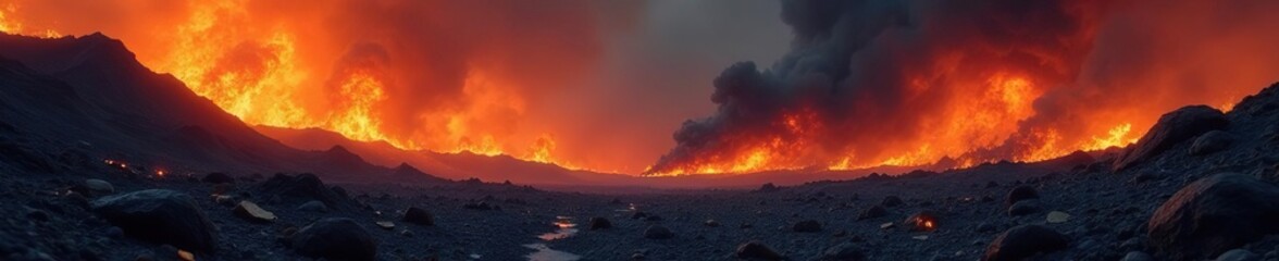 Obraz premium Inferno landscape with debris scattered across a blackened terrain, ruin, explosion