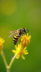 Yellow and black striped wasp on a goldenrod stem, goldenrod, nature