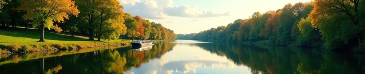 Reflections of trees and sky on calm canal surface, landscape, mirror, boating