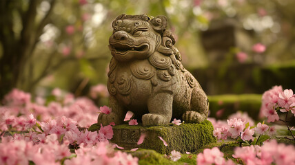 Obraz premium 干支の石像と桜が織りなす季節と歴史の調和