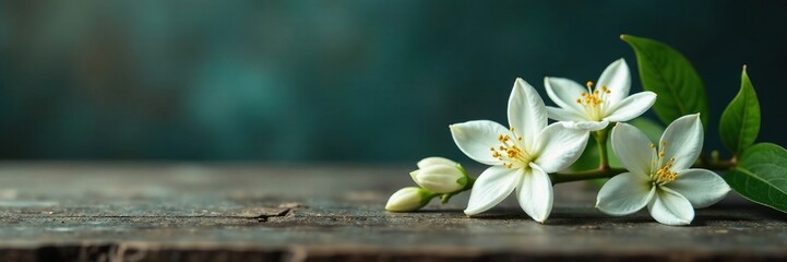A sprig of jasmine flowers on a wooden or stone surface against a contrasting background highlighting its texture, branch, jasmine