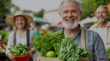 Obraz premium Senior Man Smiling with Fresh Greens at Local Organic Market