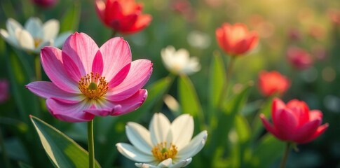 Obraz premium Blume in Fr?hlingsgarde mit bl?henden Bl?ten und wehendem Blattwerk, botanical, flower