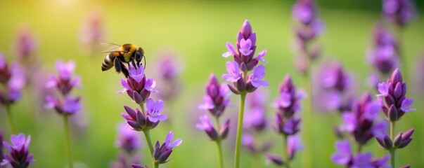 Obraz premium Bumblebee hovering above purple flowers in field, England, nature reserve