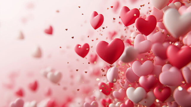 Floating hearts, pink and red, romantic background.