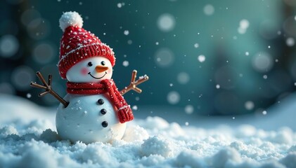 Fototapeta premium A small snowman is covered in a layer of sparkling snow and sits at the base of a vertical Christmas tree, christmas tree, trees