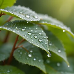 Closeup of dewdrops on leaves with a blurred background