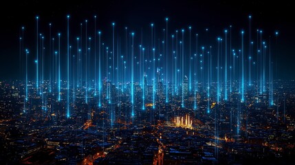 Night cityscape with glowing digital network connections.
