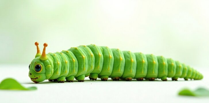 Green caterpillar with long tail on a white background with leaves around, tobacco cutworm, insect