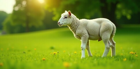 Obraz premium Freshly harvested lamb grazing in a green meadow, farm, countryside, pasture