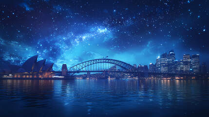 Naklejka premium Surreal sydney harbour bridge: dreamlike cityscape at dawn. Cosmic Bridge. Illustration