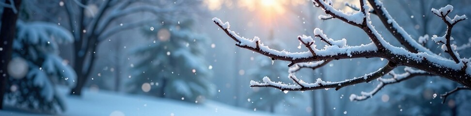 Frozen Winter scene with snowflakes gently falling on a bare tree branch, frozen, trees, peaceful