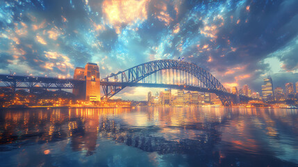 Obraz premium Surreal sydney harbour bridge: dreamlike cityscape at dawn. Cosmic Bridge. Illustration