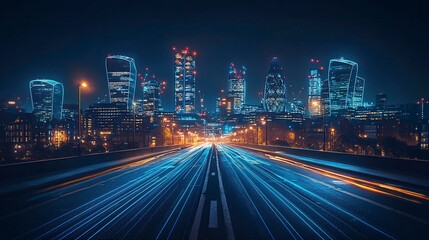 Night cityscape with highway light trails.