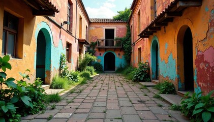 Obraz premium Ladrillos scattered around a forgotten courtyard, empty, decay