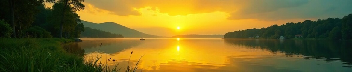 Obraz premium A yellow sunrise gradually changing to green during dawn on a lake shore, idyllic, dawn, sky