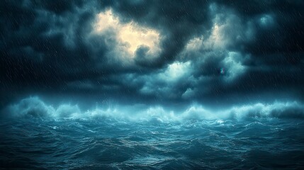 Dramatic stormy ocean scene with dark clouds and heavy rain.