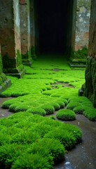 A lush carpet of green moss on a weathered ancient concrete floor, moss, tear, green