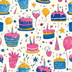 Colorful Doodle Style Cakes, Balloons, and Party Decorations