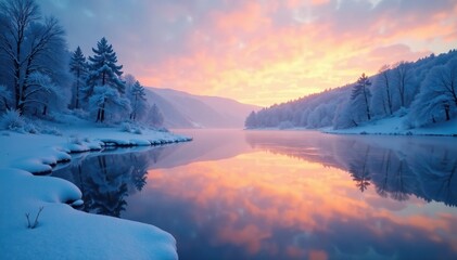 Reflections on a frozen lake in the blue light of dawn, serenity, morning light, frosty atmosphere
