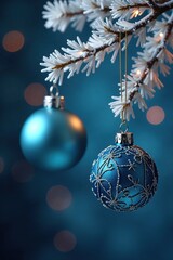 Blue and silver ornaments hanging from a branch, shine, twinkle, silver