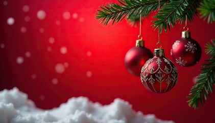 Obraz premium Christmas ornaments hang from a festive red background, hanging, winter