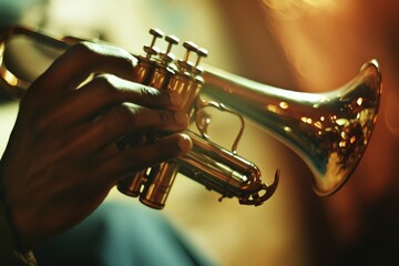 Close-up of gleaming trumpet held in poised hands, illuminated by warm, golden light, ready to deliver a lively, musical serenade.