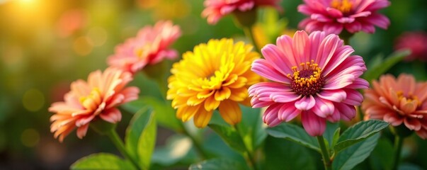 Colorful mum flowers with green leaves and yellow petals blooming in the garden, sunshine, blossoms, plants