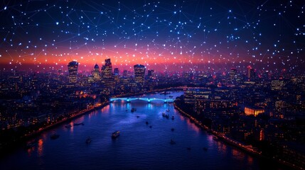 Night cityscape with network connections.